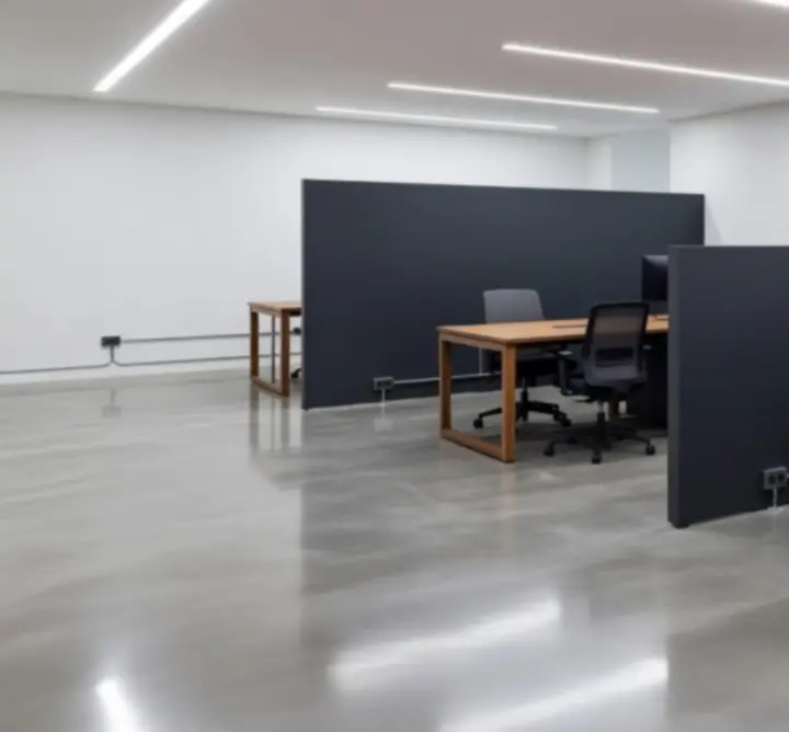 Zmodernizowane biuro komercyjne z białymi ścianami i polerowanymi betonowymi podłogami