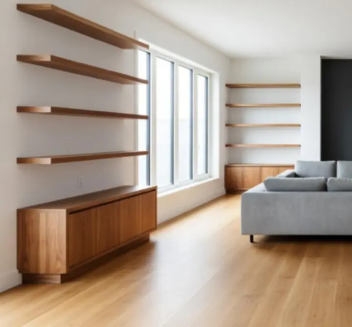 Nowoczesny odnowiony salon z ciepłymi akcentami drewna i eleganckim designem