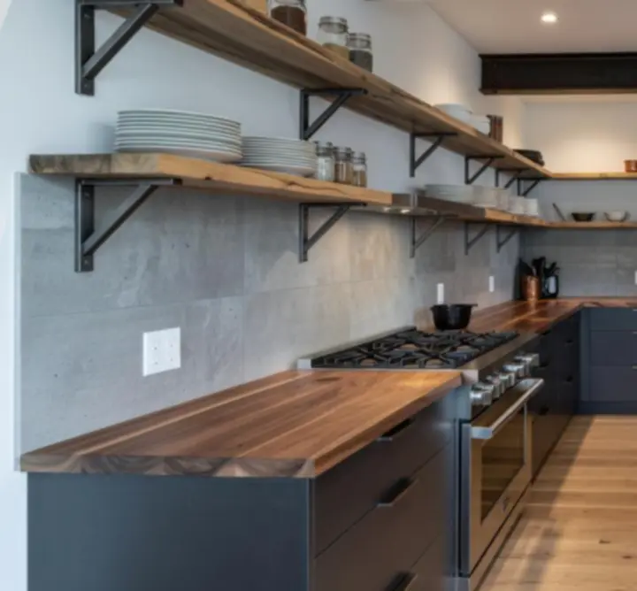 Industrialna kuchnia loftowa z grafitowymi elementami stalowymi i drewnianymi półkami